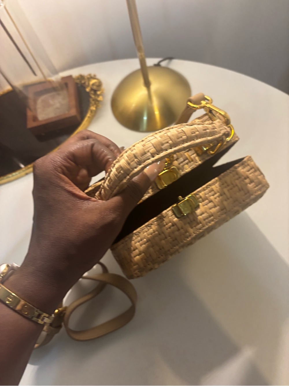 Brandon Blackwood Natural Beige Woven Top-Handle Mini Bag with Gold Hardware - Picture 4 of 7